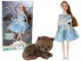 LEAN TOYS vaikų lėlė Emily Spring su ilgais plaukais, mėlyna suknele ir kačiuku