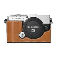 PU odos pusės korpusas fotoaparatui Olympus PEN EP7 E-P7 su anga baterijai apačioje ruda