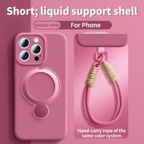 Liquid Silicone Phone Case For iPhone 17 Pro Max Air 14 15 16 Pro For Magsafe Magnetic Ring Bracket Protector Cover Wrist Strap iPhone Air pink