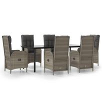 7 Piece Garden Dining Set with Cushions Black and Gray Poly Rattan
