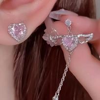 Charm Fashion Pink Heart Crystal Angel Wings Stud Earrings for Women Asymmetry Shiny Zircon Long Tassel Party Jewelry Girl Gift