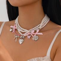 5pcs Set Cute Romantic Heart-shaped Butterfly Imitation Pearl Bowknot Ribbon Pendant Fold Wear Necklace for Women Jewelry Sets