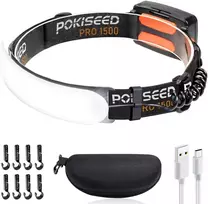 POKISEED LED galvos žibintas, 1500 lm, plati 230° šviesos srovė, įkraunamas, IPX6, 3 režimai, HL002