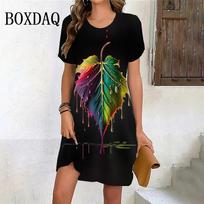Madingi Oversize Drabužiai Dažyti Tie-Dye Lapai 3D Spausdinimas Moteriška Suknelė Vasarinė Atsitiktinė Moteriška Trumpomis Rankovėmis Apvalia Kaklo Išpjova Laisva Didesnio Dydžio Suknelės 6XL blue