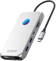 Orico XCR 12v1 RGB USB-C Docking Station 3x USB-A 3.1 1x USB-A 2.0 1x USB-C PD 100 W 1x USB-C 3.1 1x HDMI 1.4 4K 30Hz 1x VGA 1080p 1x Micro SD/SD 3.0 1x RJ Gigabit Ethernet 1x Audio CTIA 3.5 mm - Sidabrinė