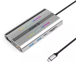 Orico USB-C 12w1 RGB | 3x USB-A | USB-C PD 100W | HDMI 4K | VGA | RJ45 Gigabit - sidabrinė