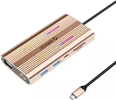 Orico USB-C 12w1 RGB | 2xUSB-A | 1xUSB-C PD 100W | 2x HDMI 4K 60Hz | 1xVGA | 1xRJ45 Gigabit - rožinė-auksinė
