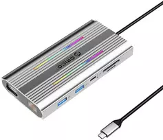 „Orico“ USB-C 12w1 RGB | 2xUSB-A | 1xUSB-C PD 100W | 2x HDMI 4K 60Hz | 1xVGA | 1xRJ45 Gigabit - pilka