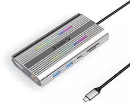 Orico USB-C 12w1 RGB | USB-A | USB-C PD 100W | 2x HDMI 4K 60 Hz | DisplayPort 4K 60 Hz | RJ45 Gigabit - sidabrinė