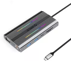 „Orico“ USB-C 12w1 RGB | 3x USB-A | USB-C PD 100W | HDMI 4K | VGA | RJ45 Gigabit - pilka