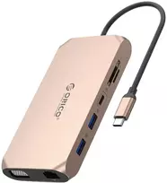 Orico XCR 12v1 USB-C dokų stotis 3x USB-A 3.1 1x USB-A 2.0 1x USB-C PD 100W 1x USB-C 3.1 1x HDMI 1.4 4K 30 Hz 1x VGA 1080p 1x SD 3.0 1x Micro SD 3.0 1x RJ45 Gigabit Ethernet 1x audio CTIA 3.5mm – Rožinio aukso