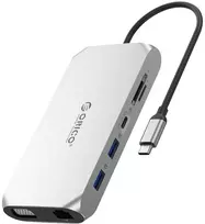 Orico XCR 12-in-1 USB-C dokų stotis 3x USB-A 3.1 1x USB-A 2.0 1x USB-C PD 100 W 1x USB-C 3.1 1x HDMI 1.4 4K 30 Hz 1x VGA 1080p 1x SD 3.0 1x Micro SD 3.0 1x RJ45 Gigabit Ethernet 1x audio CTIA 3.5 mm – Sidabrinis