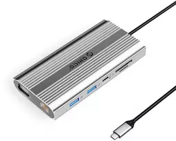 Orico XDR 12in1 USB-C Docking Station USB-A USB-C HDMI 4K VGA RJ45 Gigabit PD 100W SD and Micro SD Card Reader - Sidabrinis