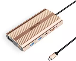 Orico USB-C 12w1 | USB-A | USB-C PD 100W | HDMI 4K | VGA | RJ45 Gigabit - rožinė-auksinė