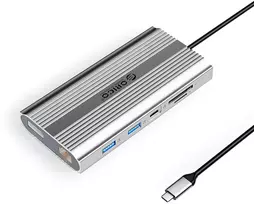 Orico USB-C 12w1 | USB-A | USB-C PD 100W | 2x HDMI 4K 60Hz | DisplayPort 4K 60Hz | RJ45 Gigabit - sidabrinė