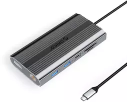 „Orico“ USB-C 12w1 | USB-A | USB-C PD 100W | 2x HDMI 4K 60Hz | DisplayPort 4K 60Hz | RJ45 Gigabit - pilka