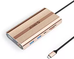 Orico USB-C 12w1 | USB-A | USB-C PD 100W | 2x HDMI 4K 60Hz | DisplayPort 4K 60Hz | RJ45 Gigabit - rožinė-auksinė