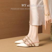 Rivet slope heel pointed head bag head half slippers women's summer wear with skirt one pedal sandals 35