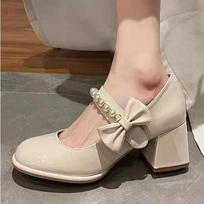 Fashion 2025 New Luxury Platform Beads Bowknot  Wedding Dating Shoes Spring Women Mary Janes Pumps Round Toe Block Heels 35 smėlis