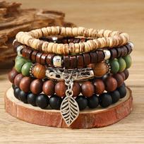 Simple Vintage Wooden Bead Bracelet Bohemia Stretch Band Multi-Layer Bracelet Handmade Retro Bracelet Casual Outfit