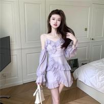 Violetinė off-shoulder kawaii suknelė moterims, vasarinė, liekninanti, su raukiniais, patchwork, saldi, vakarėliui, moteriška, korėjietiška, seksuali, fėjos stiliaus mini suknelės S violetinė