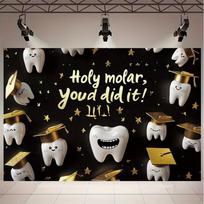 2D Dental Grad Party Backdrop, Cartoon Teeth with Graduation Caps and Gold Stars 47.2x31.5inch/120*80cm