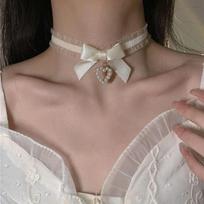 Cute Sweet Lolita White Lace Bowknot Heart Pearl Choker Necklace for Women Girls Sexy Chain of Clavicle Jewelry Accessories Gift