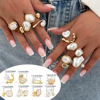8pcs Set Exaggerated Temperament Irregular Geometry Liquid Metal Inlay Baroque Pearl Open Rings for Women Designer Jewelry Sets resizable