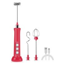 Red Rechargeable Handheld Milk Frother 3 Speeds Drink Mixer With 3 Heads