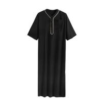 Vasarinis vyriškas chalatas Retro V kaklo mygtukas krūtinės kišenė trumpomis rankovėmis Minkštas kvėpuojantis laisvas Malaizija Artimųjų Rytų Arabijos Dubajus Tradicinis Maxi chalatas ilgas viršus S juoda
