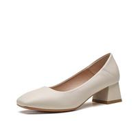 2024 Black Classic Thick Heel Lady Pumps Simple Square Head Leather Women Low Heeled Shoes Office Workers Airhostess Hotel Etiquette 34 smėlis