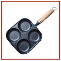 Cast Iron Four-Hole Egg and Dumpling Pan with Wooden Handle – Thick, Non-Stick, Flat-Bottomed Cookware. Black 17cm Flat Edge, Wooden Handle, Four-Hole