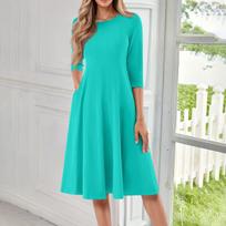 Women's Casual Fashion Round Neck Three Quarter Sleeve Color Midi Dress S