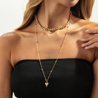 Hip-hop Punk Heart-shaped Pendants Irregular Crushed Stone Round Bead Chain Fold Wear Long Necklace for Women Fashion Jewelry