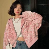 2023 Women's Pink Leopard Print Hooded Cardigan - Retro Hong Kong Style, Loose Fit for Spring & Autumn Small rožinė