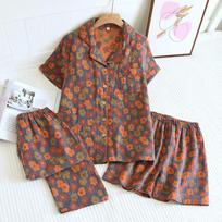 Spring/Summer Pajamas Three Piece Set Thin 100%Cotton Crepe Ladies Short Sleeves+Shorts+Pants Flip Collar Home Suit Set M