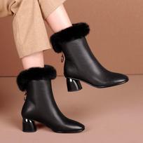 Cowhide Genuine Leather Women Short Boots,Cony Hair Fur Winter Shoes,Mum's Booties,Mid Heels Botas,Black,Beige,BROWN, 34 juoda