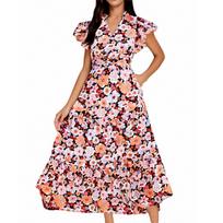 Women's V-neck Pleated Flying Sleeves Printed Mid-length Dress M