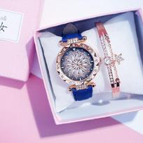 Bracelet Sports Quartz Wristwatch Sky Ladies Women Watch Watches Set Starry Casual Leather Clock Relogio Feminino  Unique mėlyna
