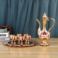 Luxurious European Retro Gold Wine Decanter and Glass Set Gold Red Flower