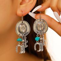 Bohemia Western Cowboy Hat Boots Horseshoe Turquoise Cactus Dangle Earrings for Women Retro Ethnic Style Good Lucky Jewelry Gift