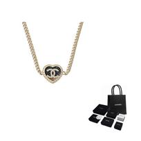 CHANEL CC Double C black gold color heart-shaped rhinestone thick chain metal necklace women's gold auksas