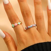 2pcs Set Trendy Dopamine Color Stainless Steel Geometric Enamel Glaze Opening Rings for Women Girl Fold Wear Finger Jewelry Sets resizable