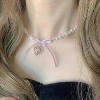 Temperament Pink Bowknot Heart Cross Pearl Pendant Necklace for Women Charm Cartoon Chokers Y2K Jewelry Cosplay Accessories Gift