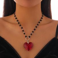 Gothic Trendy Black Crystal Beaded Red Glass Heart-shaped Pendant Necklace for Women Charm Personality Collar Chain Jewelry Gift