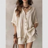 Women 2 Piece Linen Outfit Loose Short Sleeve Button Down Shirt High Waist Shorts Casual Summer Suit L