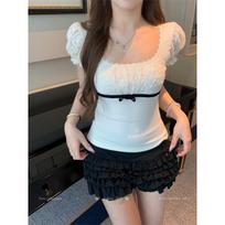 Jane Manny, French Lace Bubble Sleeve Short Sleeve T-Shirt Women's Summer Spice Girl Pure Slim and Skinny Square Neck Top S [recommended within 50kg ] abrikosas