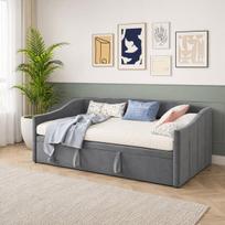 Ištraukiama minkšta sofa-lova, 100 x 200 cm, išsiskleidžia iki 190 x 200 cm, aksominė sofa su grotelėmis, daugiafunkcis svečių lovos rėmas, pilka, be čiužinio