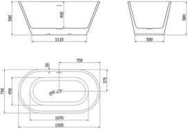 Mexen Luna laisvai stovinti vonia 150 x 75 cm, balta, gun gray šlifuota perpylimo anga - 52031507500-66, 150 x 75 cm