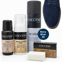 Rinkinys (4 in 1) natūraliai zomšai ir nubukui Coccine® (valymas + spalvos atnaujinimas + apsauga), tamsiai mėlynas